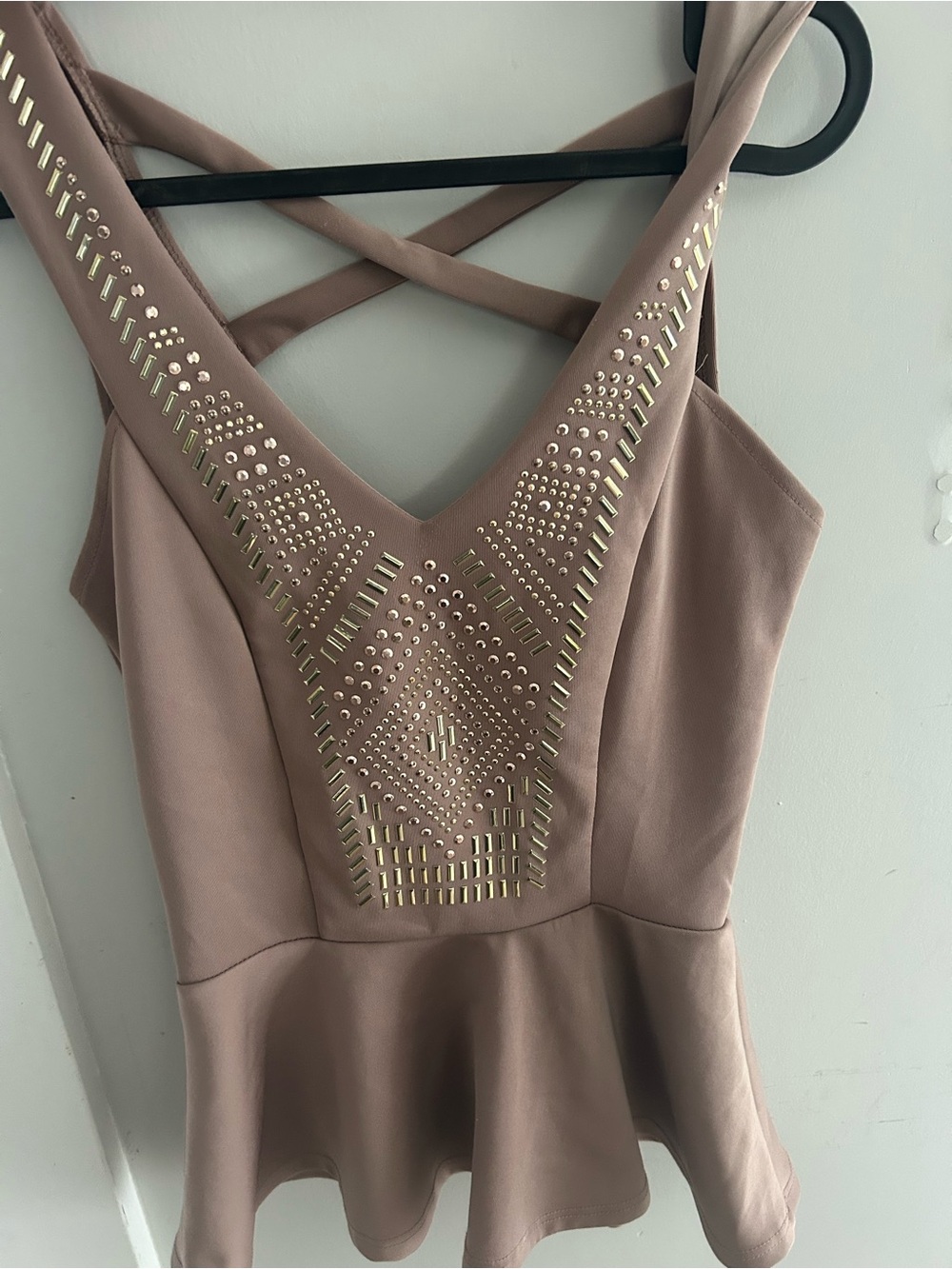 Charlotte russe Sleeveless v neck Beige Peplum Dress with Gold Stud Detail small